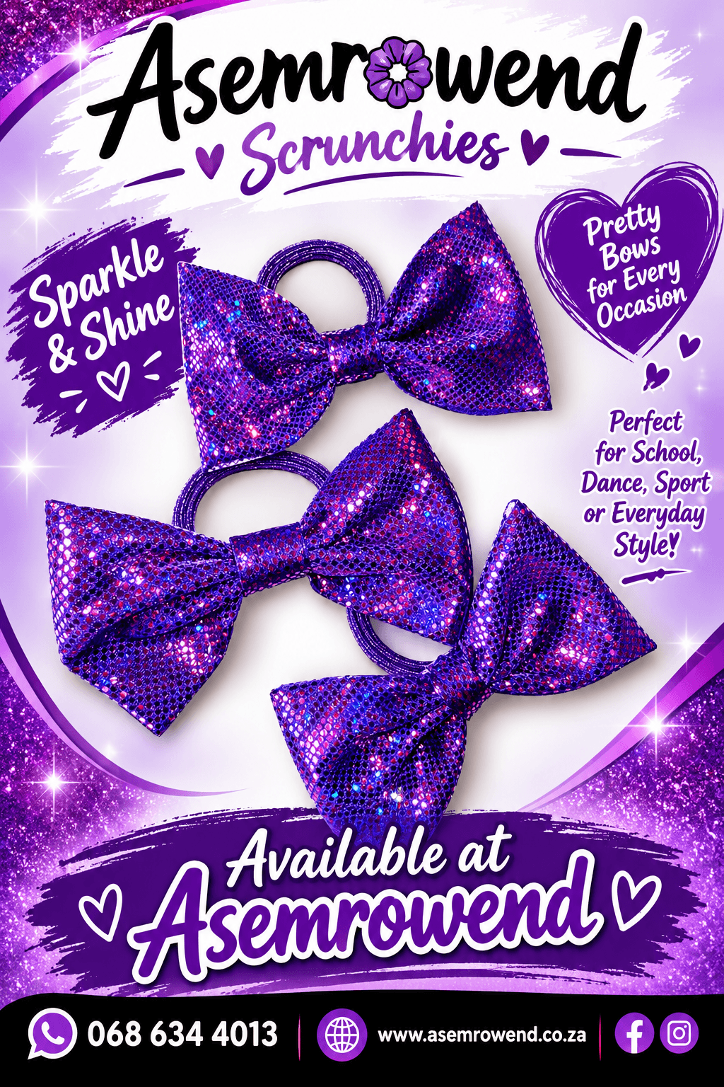 Glitter purple bow hair ties