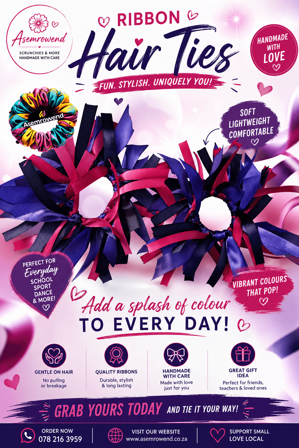 Pink and purple ribbon hair ties