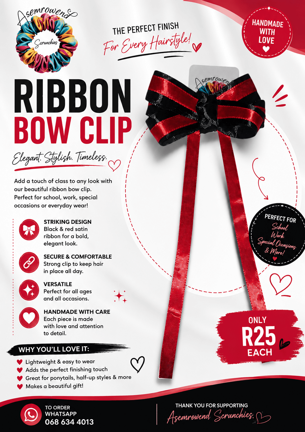 Red and black bow clip